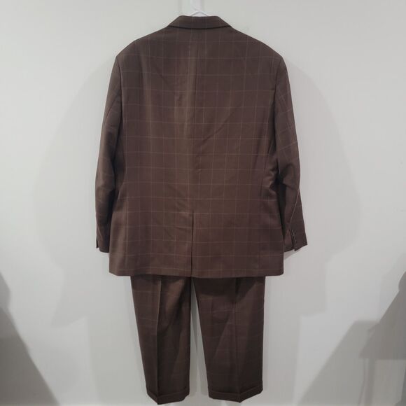 Paul Fredrick Mens Suit Size 48 R Brown Windowpane Plaid Wool Classic Fit Retro - Picture 2 of 15